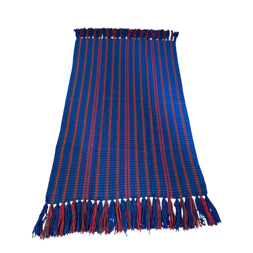 Handmade Crochet Afghan Throw Blanket Blue Red Green Striped Tassel Fringe
